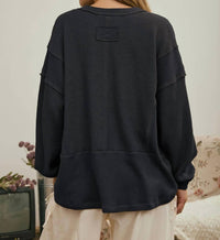 Joa - Split Neck Raw Edge Ribbed Knit Top