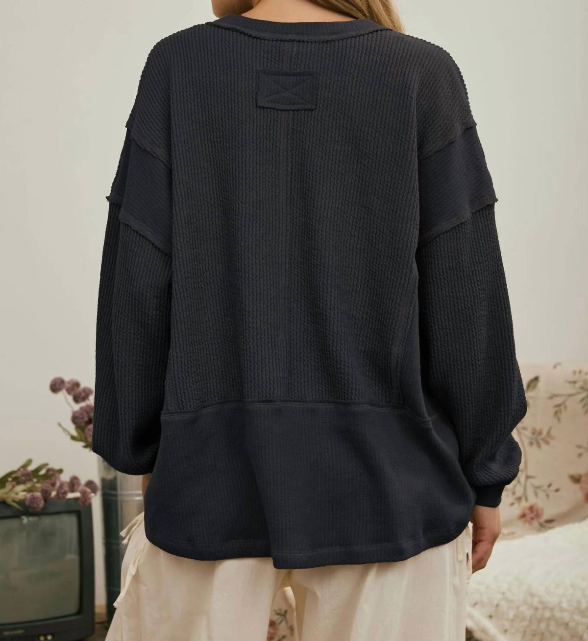 Joa - Split Neck Raw Edge Ribbed Knit Top