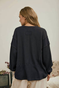 Joa - Split Neck Raw Edge Ribbed Knit Top