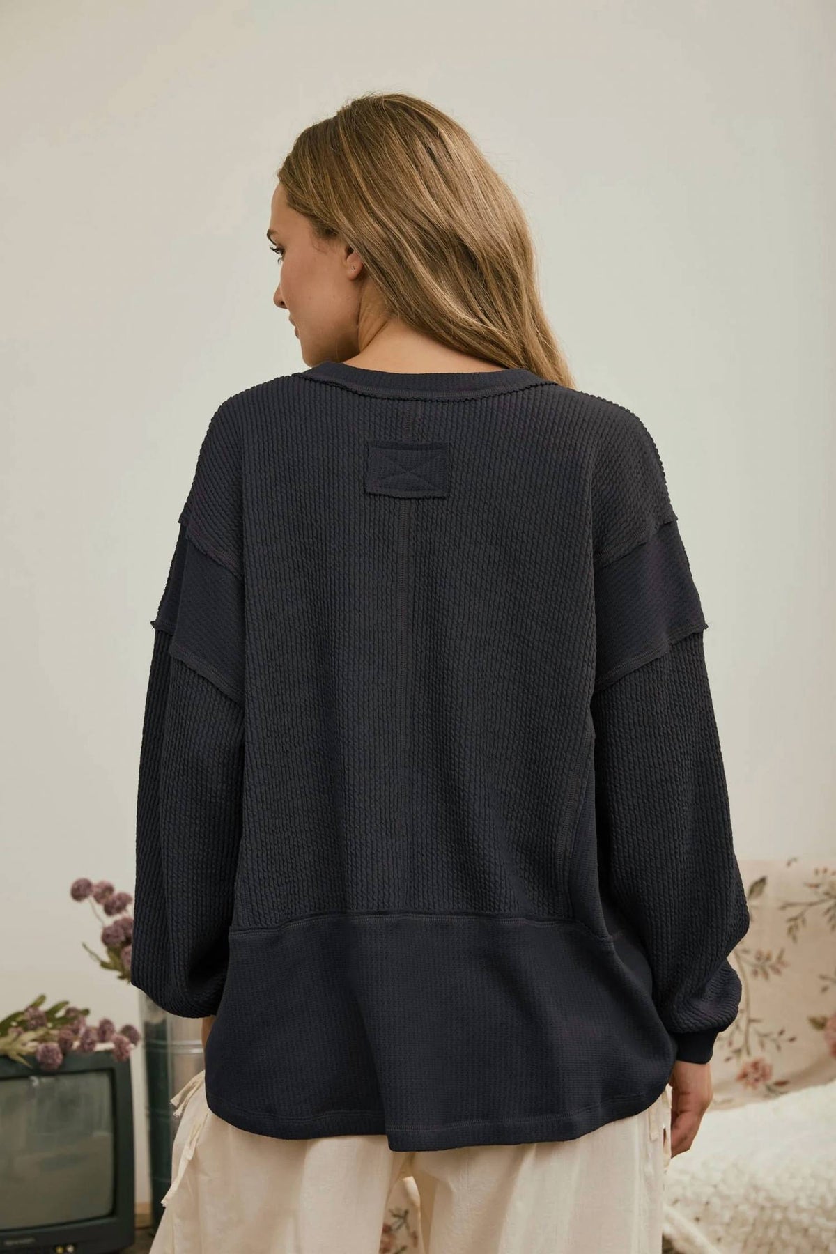 Joa - Split Neck Raw Edge Ribbed Knit Top