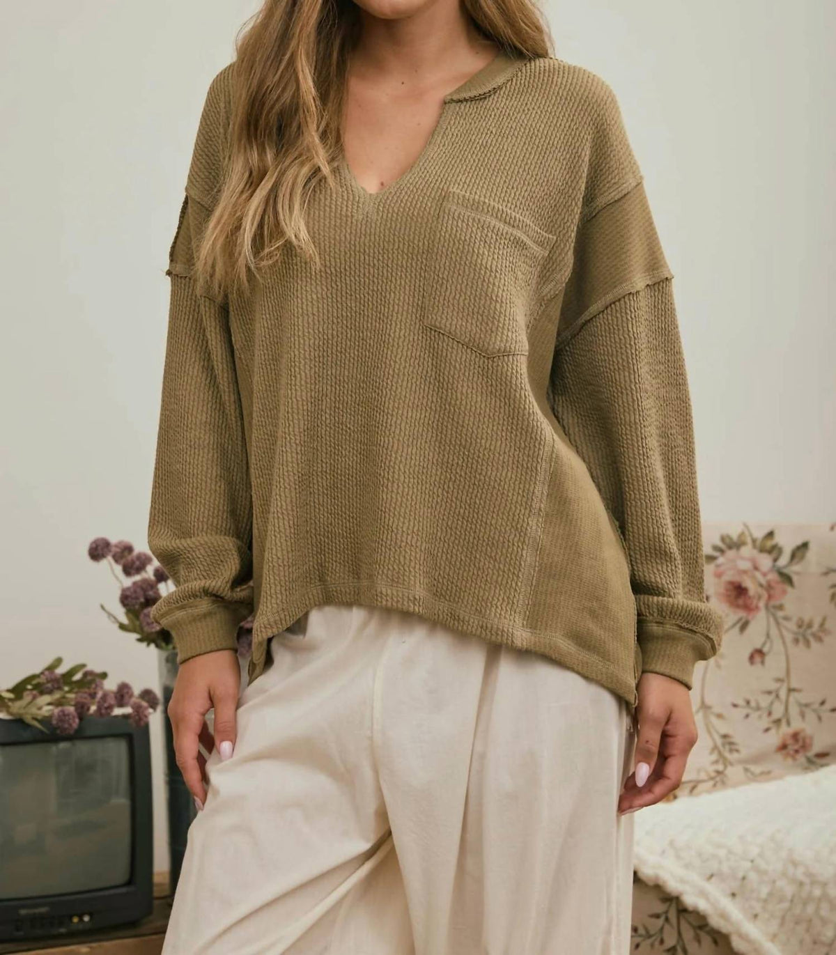 Joa - Split Neck Raw Edge Ribbed Knit Top