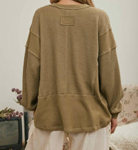 Joa - Split Neck Raw Edge Ribbed Knit Top