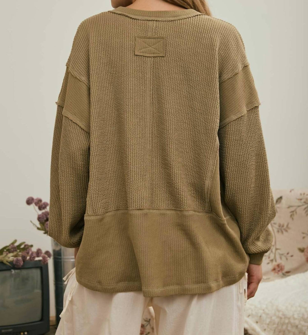 Joa - Split Neck Raw Edge Ribbed Knit Top