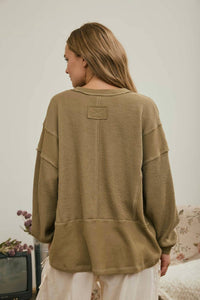 Joa - Split Neck Raw Edge Ribbed Knit Top
