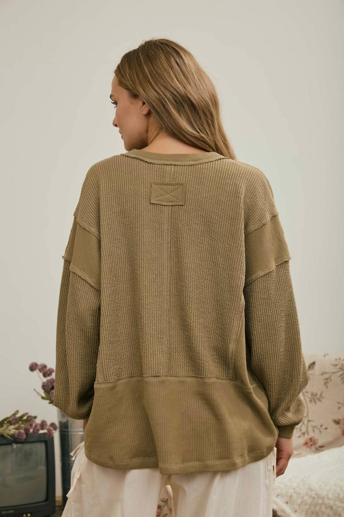 Joa - Split Neck Raw Edge Ribbed Knit Top