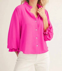 Jodifl - 3/4 Sleeves Front Button Up Solid Top