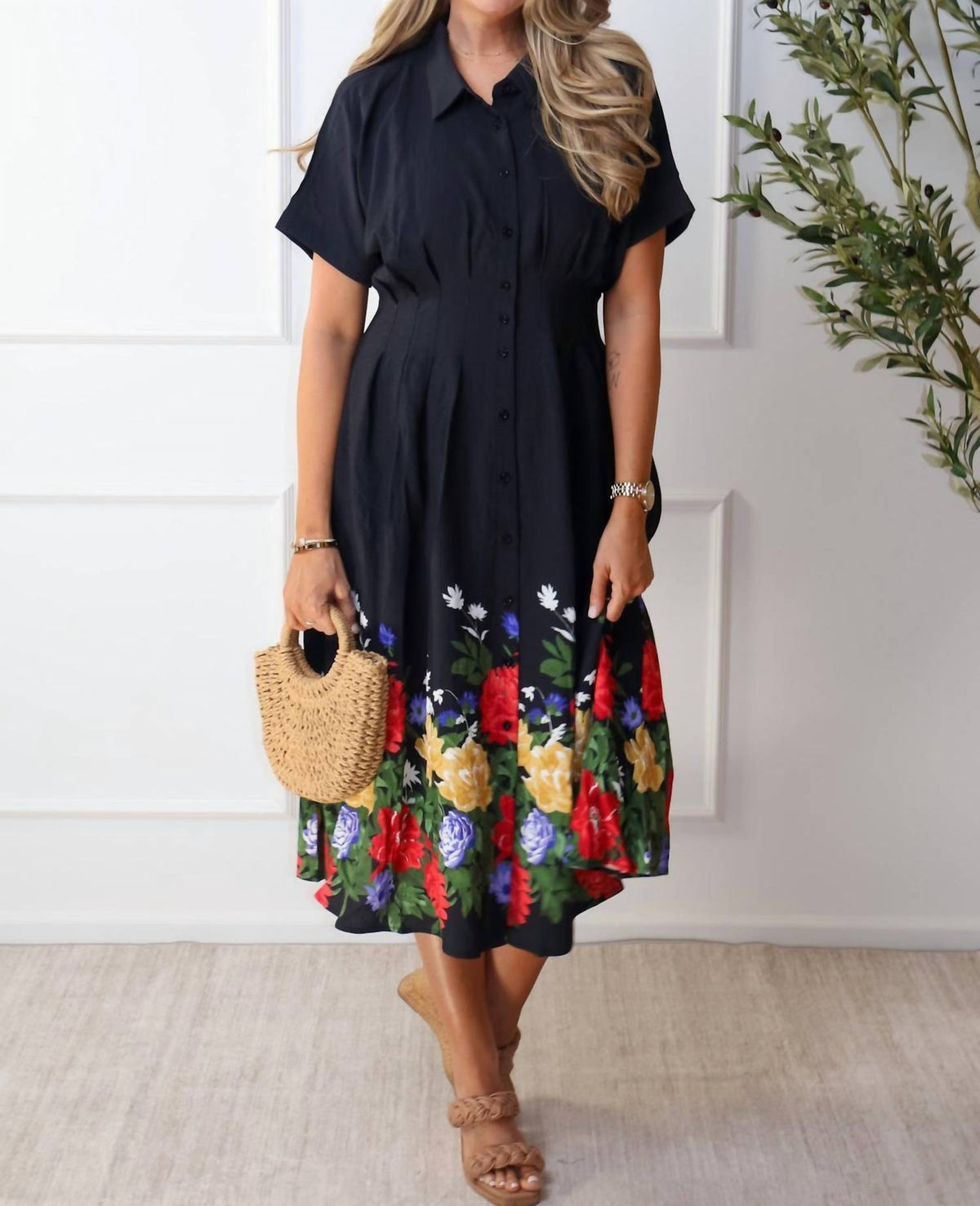 Jodifl - Floral Border Solid Midi Dress