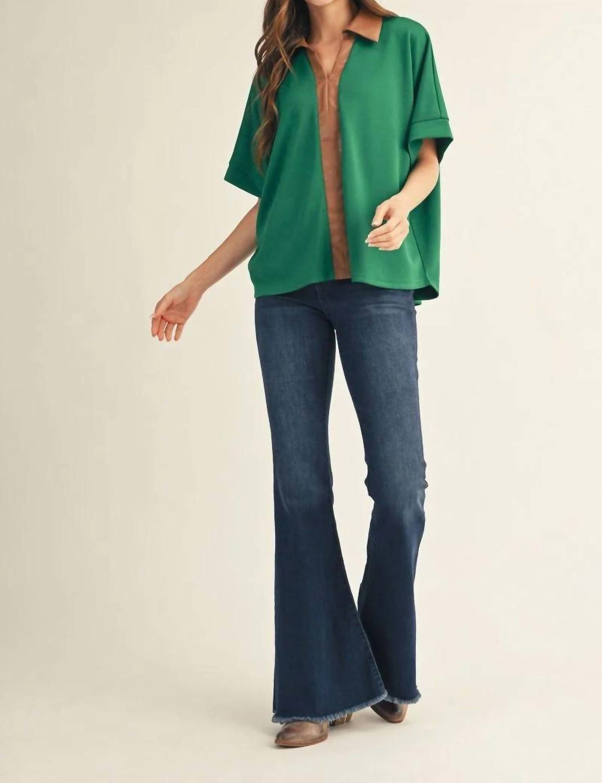 Jodifl - Leather Accent Drop Shoulder Solid Top
