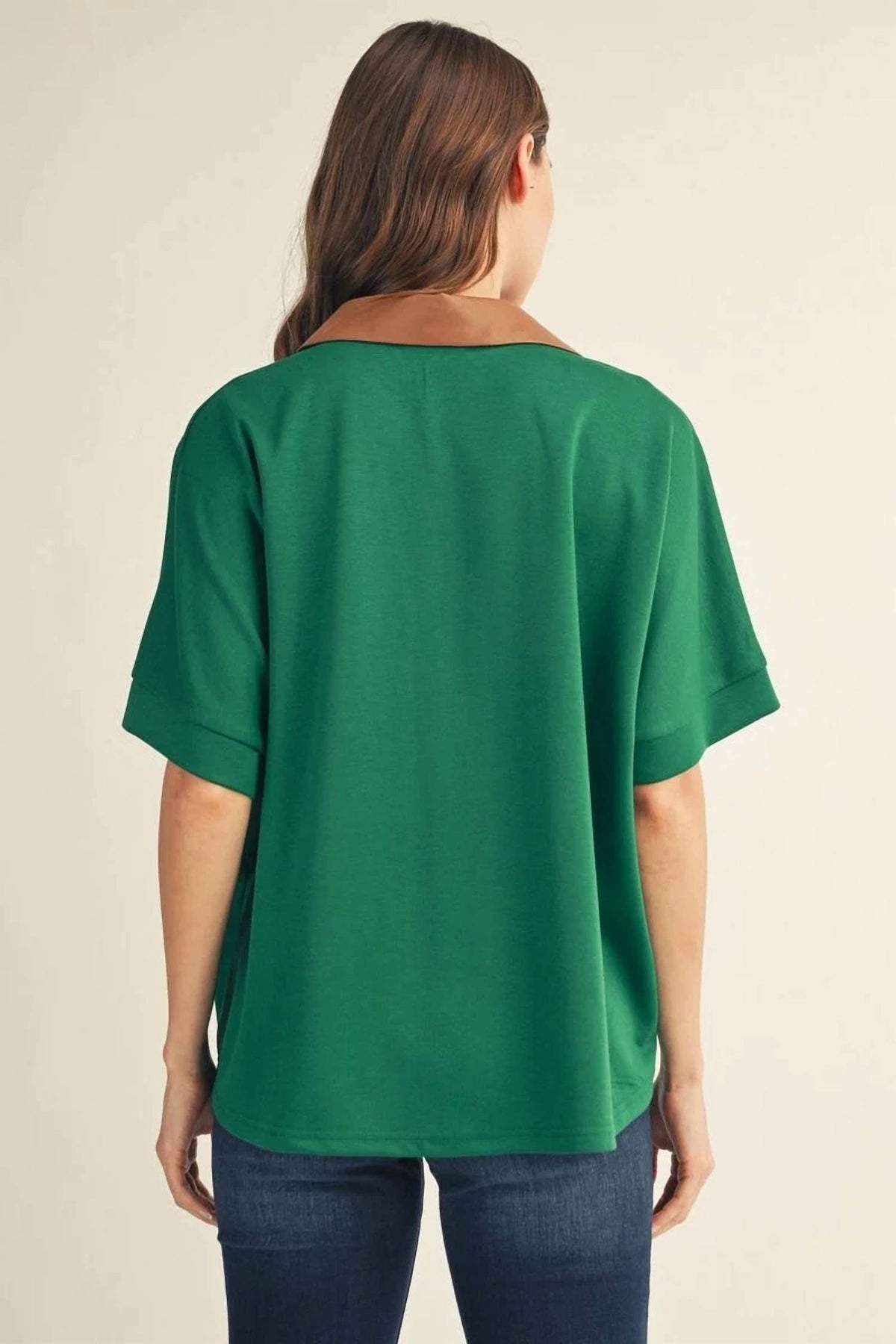 Jodifl - Leather Accent Drop Shoulder Solid Top