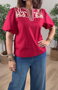 Jodifl - Short Puff Embroidered Sleeves Solid Woven Top