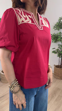 Jodifl - Short Puff Embroidered Sleeves Solid Woven Top