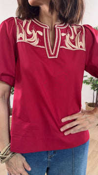 Jodifl - Short Puff Embroidered Sleeves Solid Woven Top