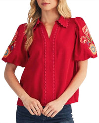 Jodifl - Short Puff Sleeves Notched V Neck Solid Top