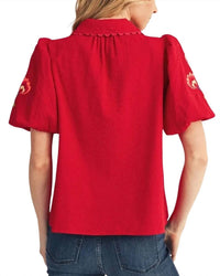Jodifl - Short Puff Sleeves Notched V Neck Solid Top