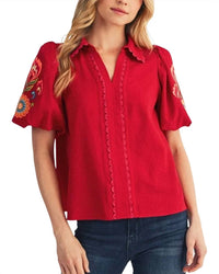 Jodifl - Short Puff Sleeves Notched V Neck Solid Top