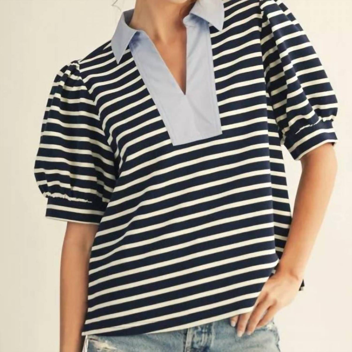 Jodifl - Short Sleeves Stripe Top With Solid Contrast Neckline