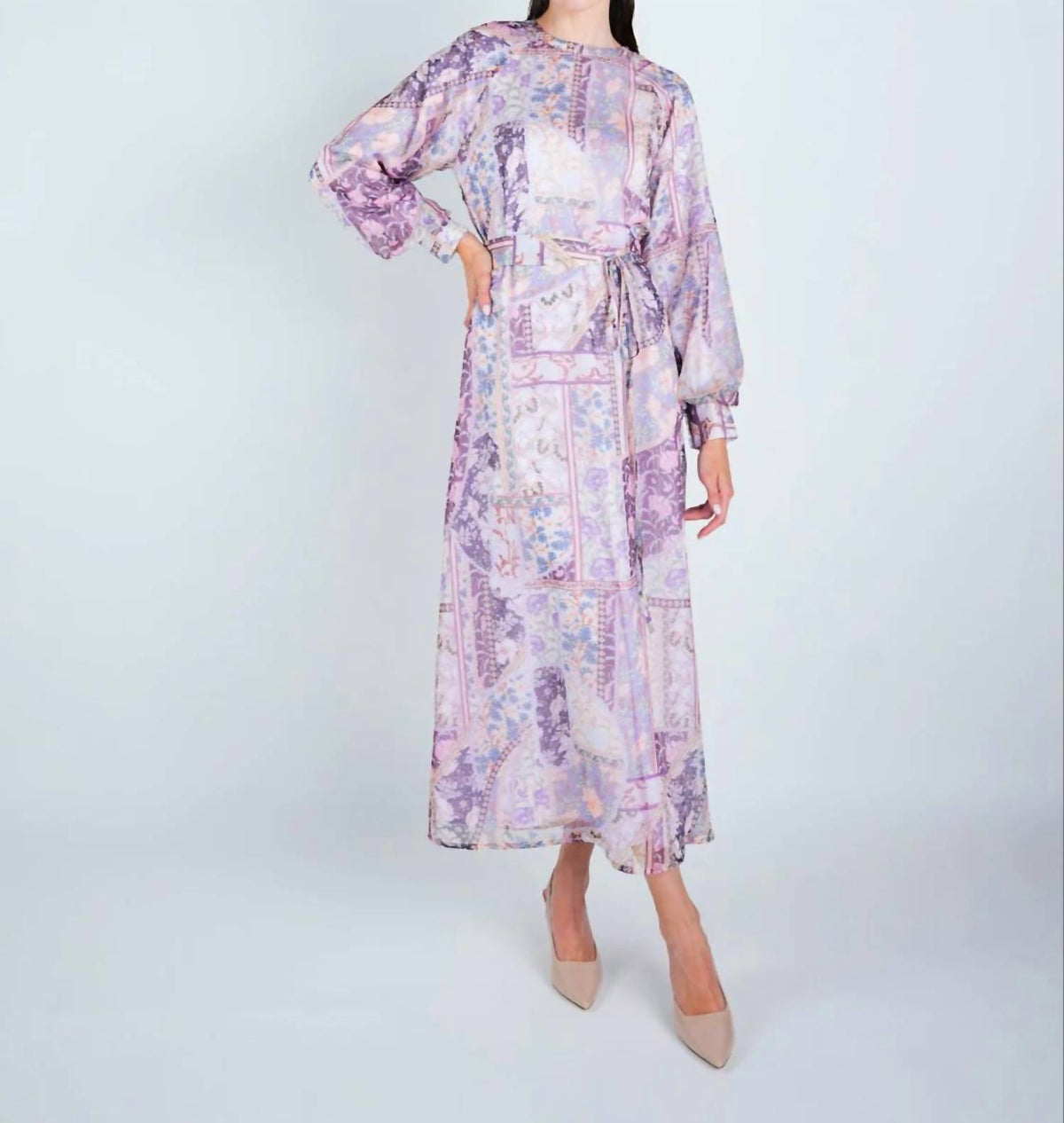 John Abgin - Organza Printed Puff Sleeve Maxi Dress