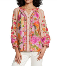John Mark - 3/4 Cuff Sleeve Split V-neck Hi-low Hem Button Front Top