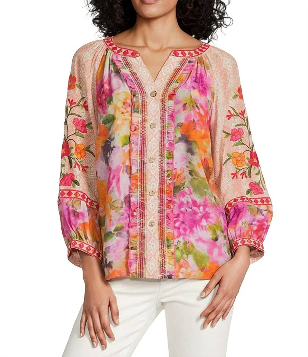 John Mark - 3/4 Cuff Sleeve Split V-neck Hi-low Hem Button Front Top