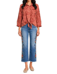 John Mark - Woven Solid Embroidered Collared Button-down Top