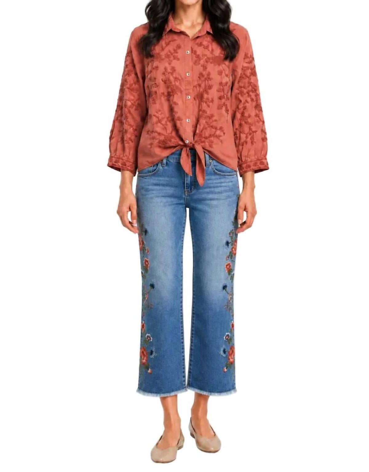 John Mark - Woven Solid Embroidered Collared Button-down Top