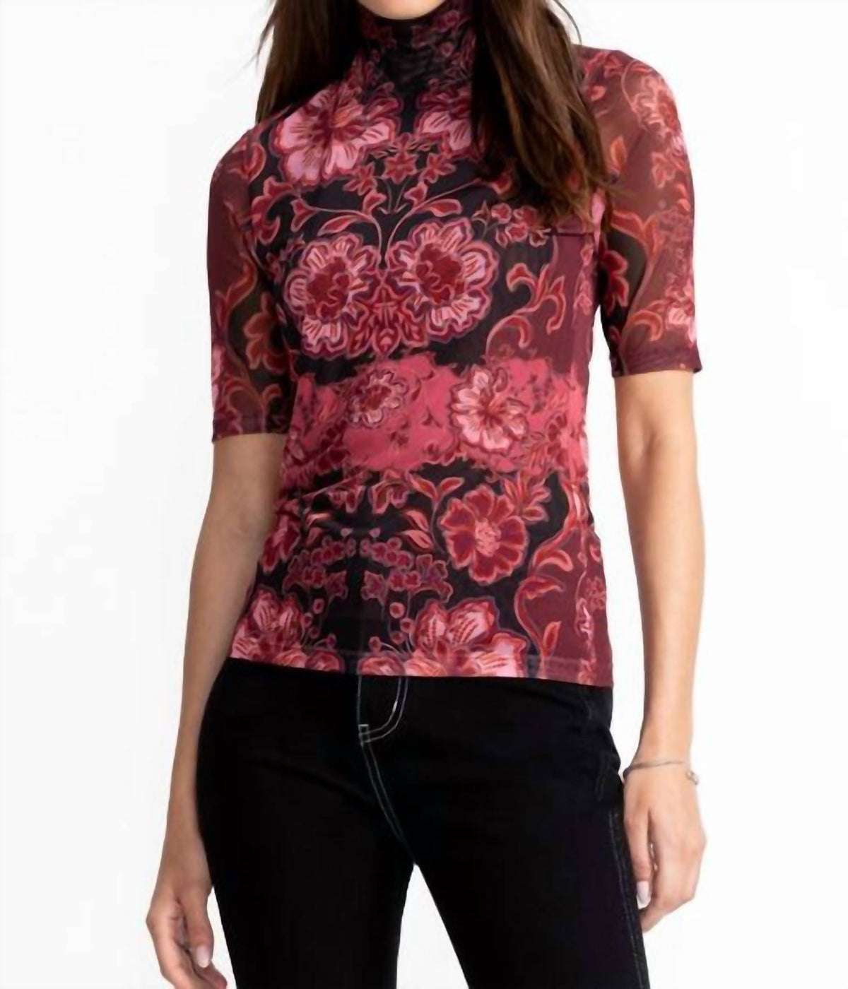 Johnny Was - MESH ELBOW SLEEVE MOCK NECK TOP