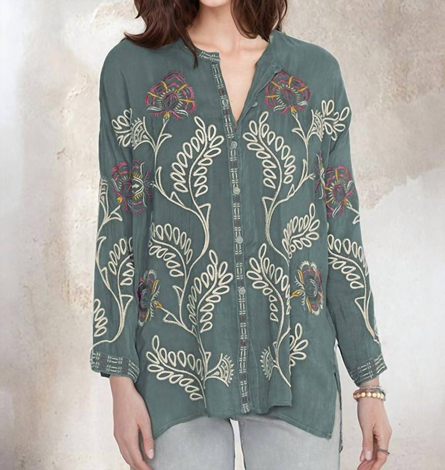 Johnny Was - Slim Audrey Embroidered Tunic - clothing - green - rayon