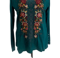 Johnny Was - Zaret Embroidered Top - clothing - green - patterned