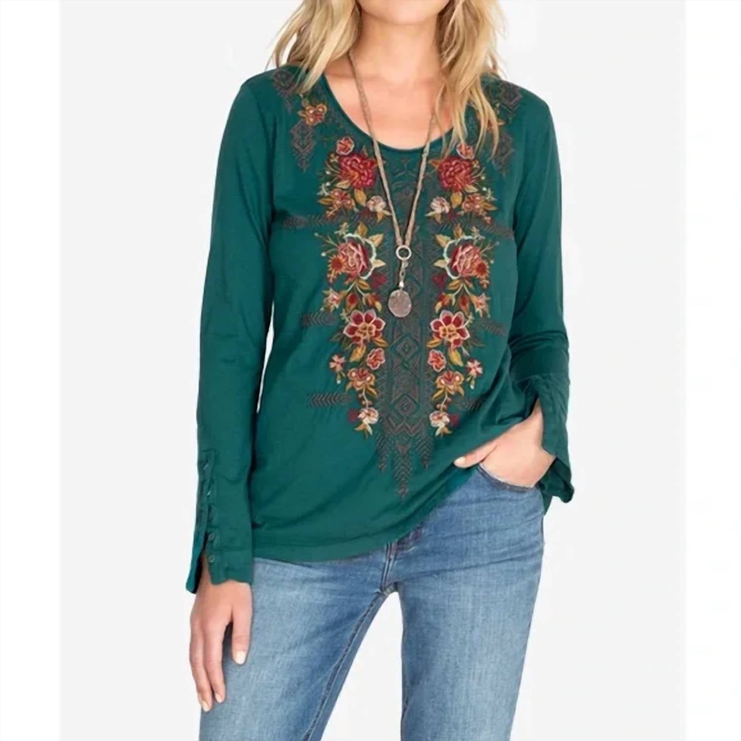 Johnny Was - Zaret Embroidered Top - clothing - green - patterned