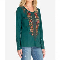 Johnny Was - Zaret Embroidered Top - clothing - green - patterned