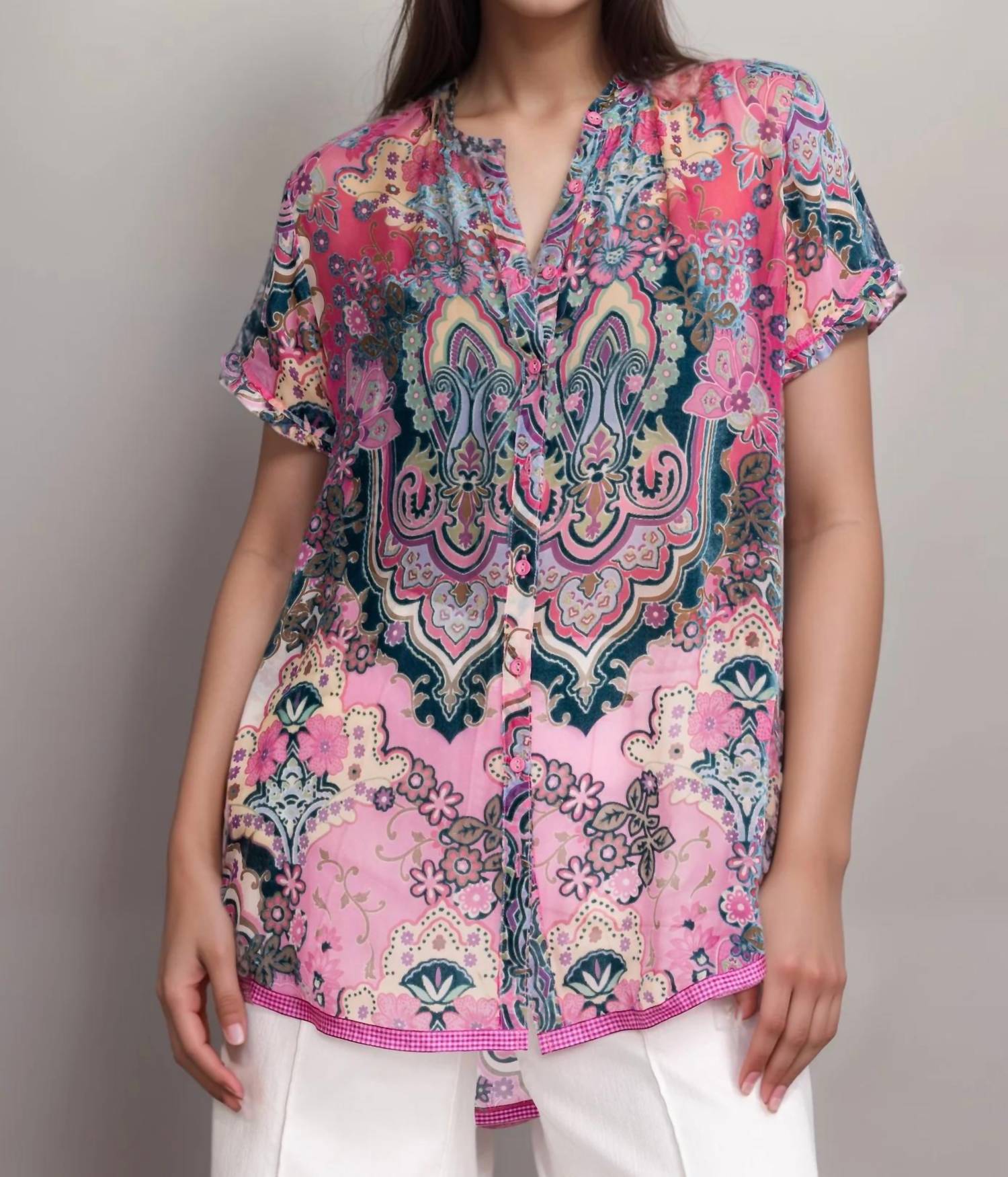 Johnny Was - Zoli Tape Hem Burnout Tunic - blouses - clothing - pink