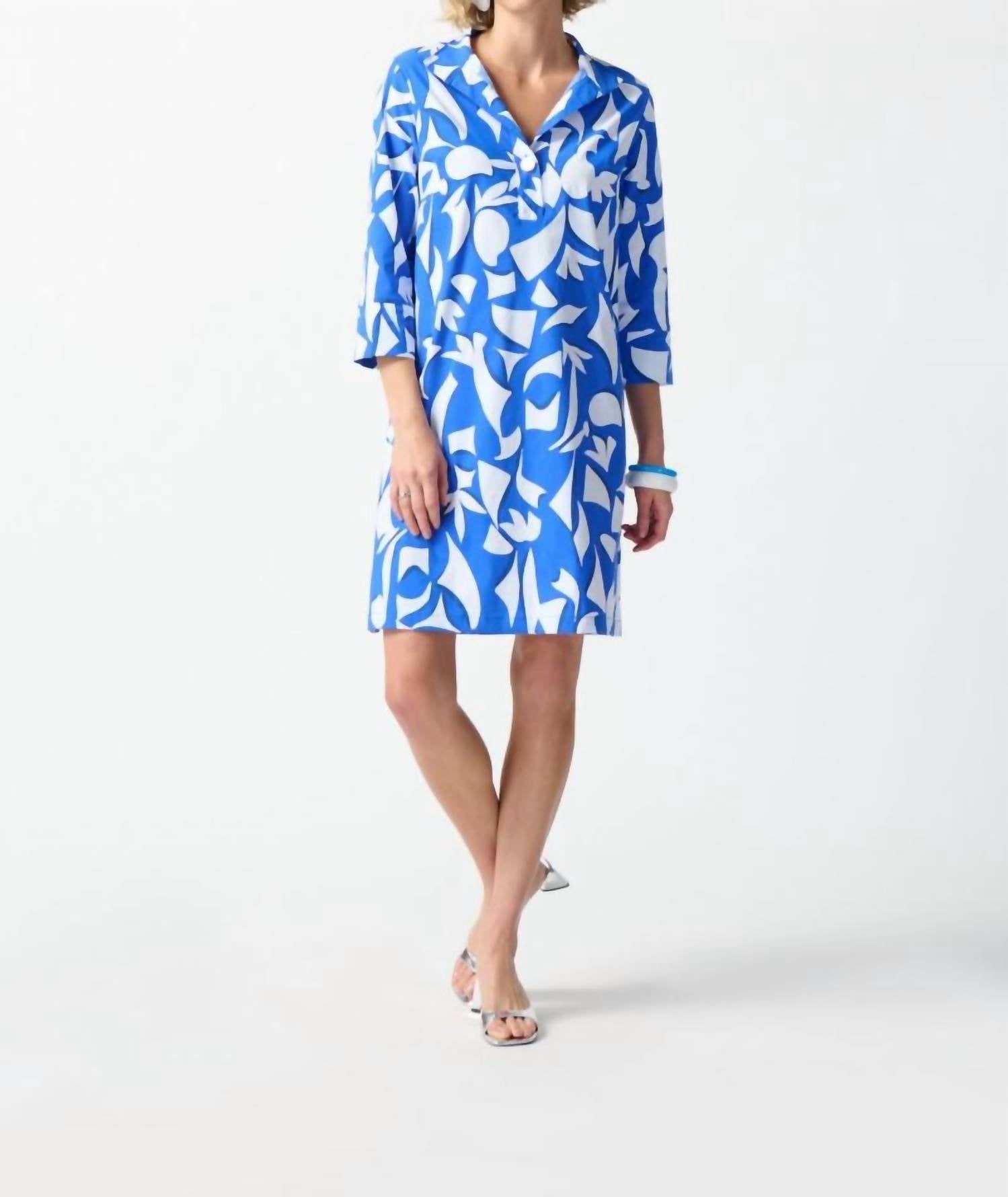 Joseph Ribkoff - Abstract Print 3/4 Sleeve Shirt Dress - blue - clothing - dresses