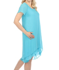 Joseph Ribkoff - Asymmetric Chiffon Layered Short Sleeve Trapeze Dress - blue - clothing - dresses