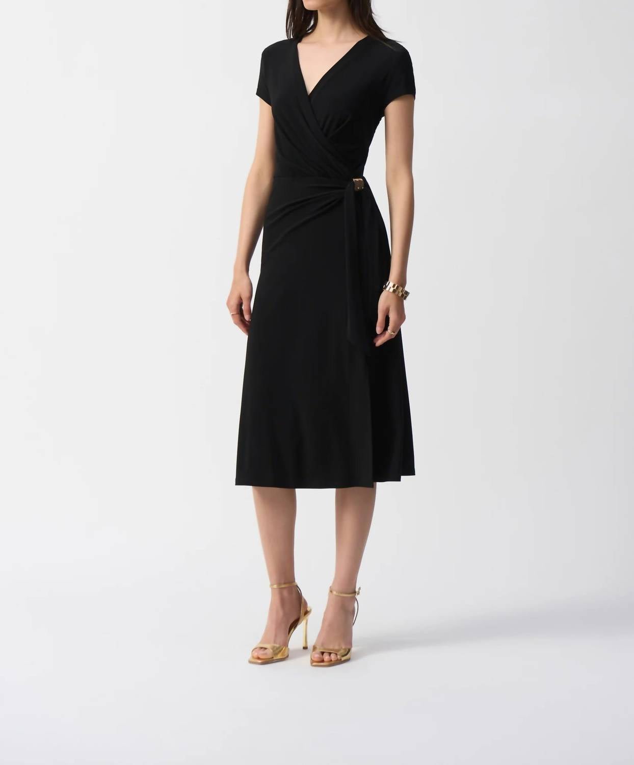 Joseph Ribkoff - Cap Sleeve Faux Wrap Midi Dress - black - clothing - dresses