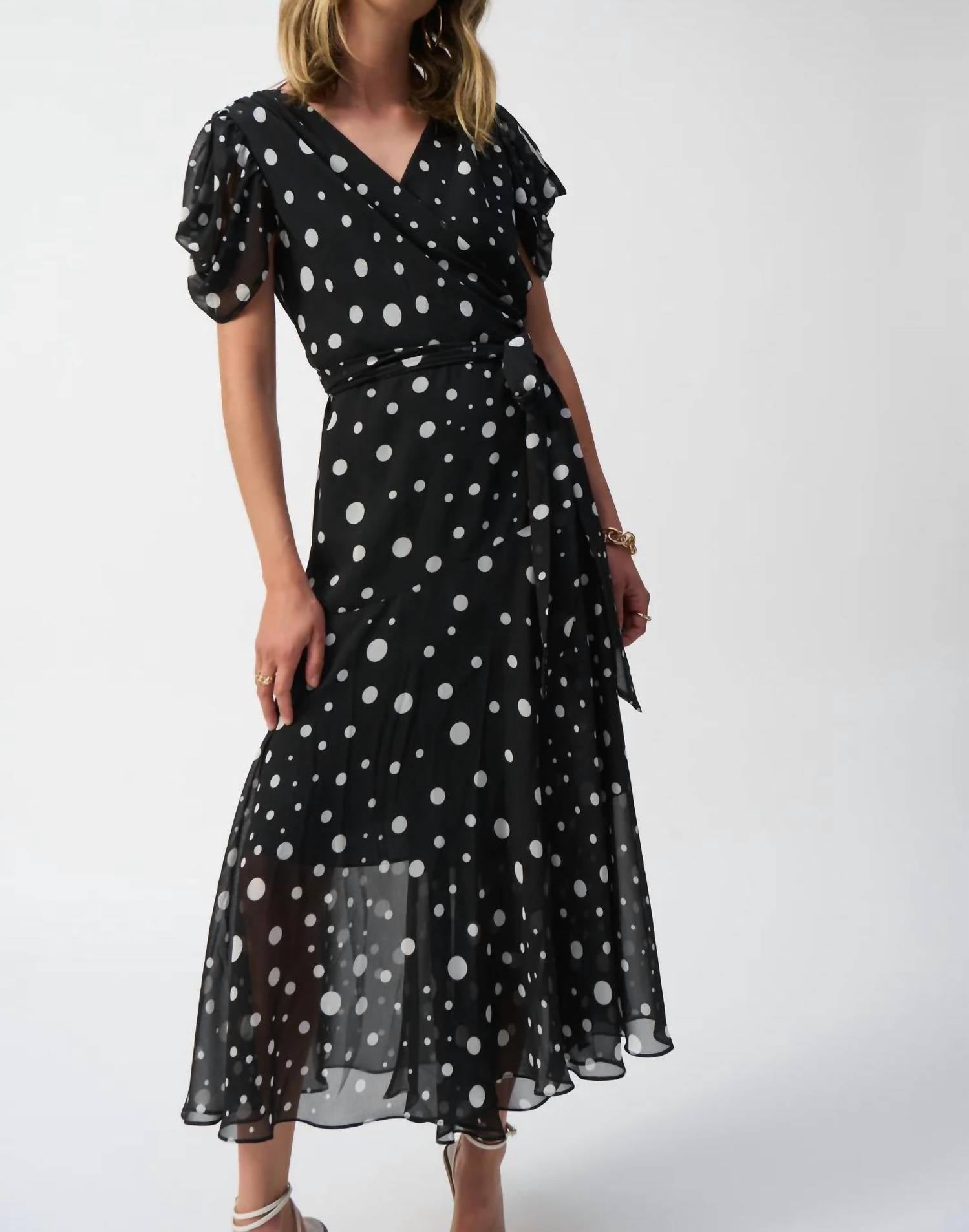 Joseph Ribkoff - Dot Chiffon Belted Wrap Dress - black - clothing - dresses