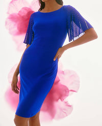 Joseph Ribkoff - Embellished Chiffon Sleeve Sheath Dress - blue - clothing - dresses