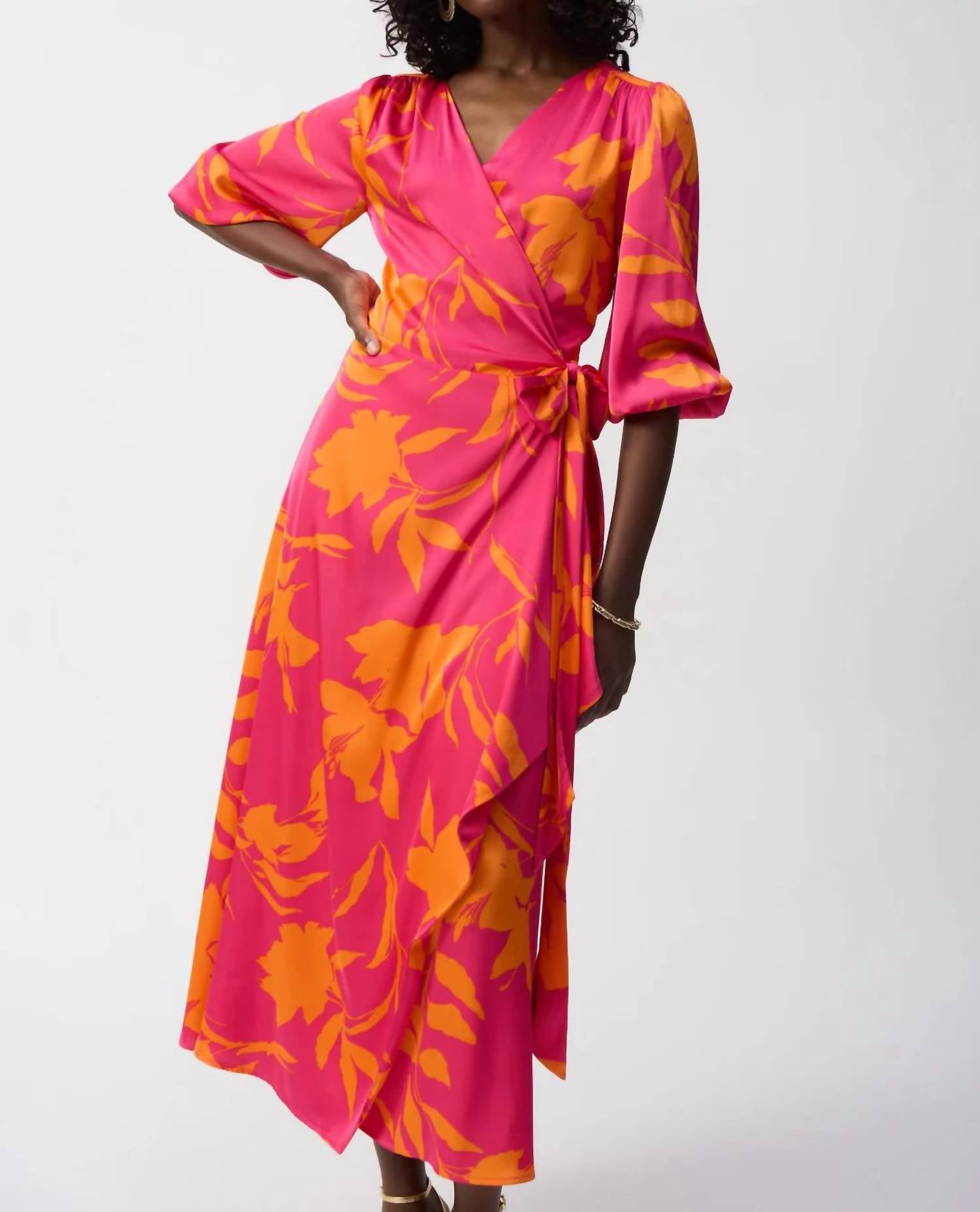 Joseph Ribkoff - Floral Print Belted 3/4 Sleeves Wrap Dress - clothing - dresses - floral