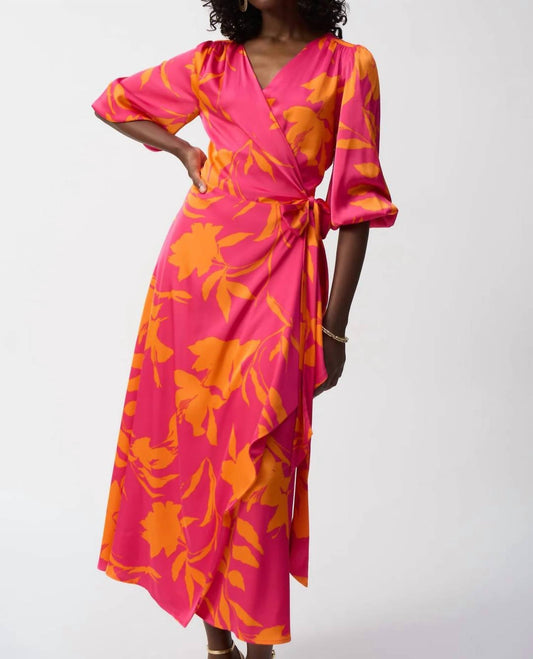 Joseph Ribkoff - Floral Print Belted 3/4 Sleeves Wrap Dress - clothing - dresses - floral