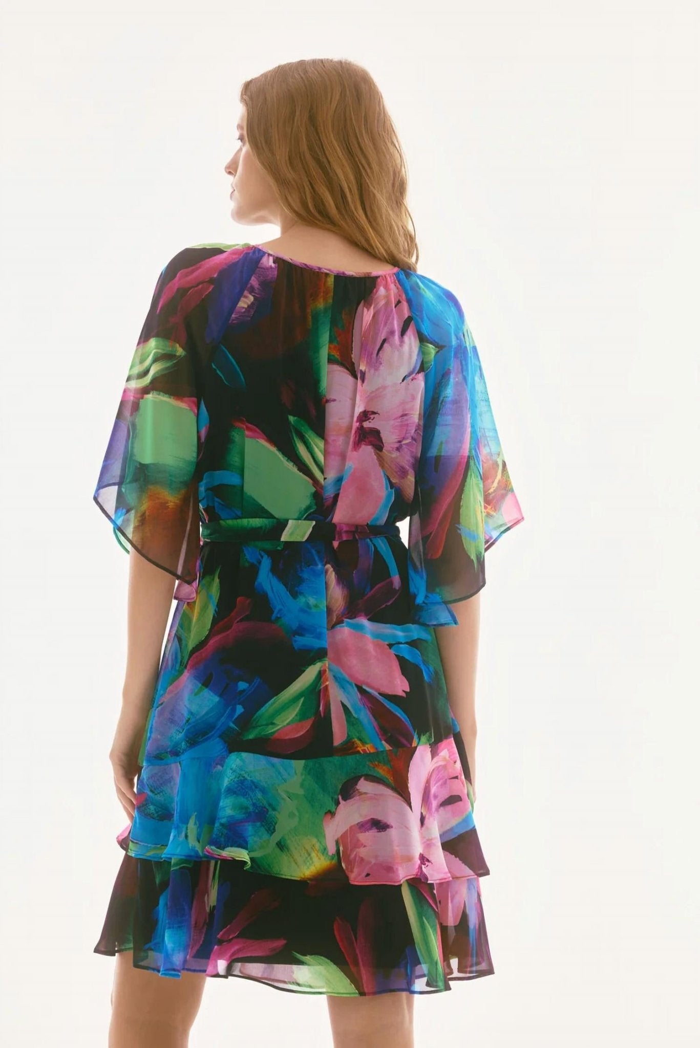 Joseph Ribkoff - Floral Print Tiered Ruffle Midi Dress - black - clothing - dresses