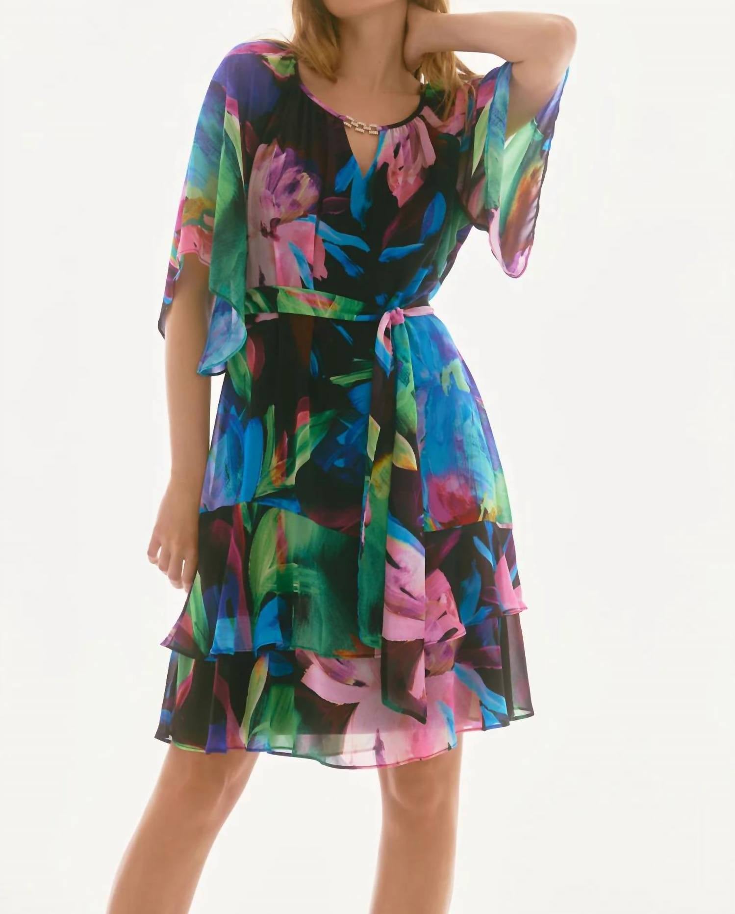 Joseph Ribkoff - Floral Print Tiered Ruffle Midi Dress - black - clothing - dresses