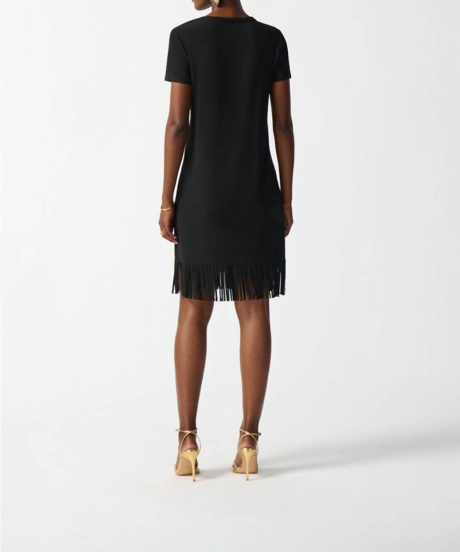 Joseph Ribkoff - Fringe Hem V - neck Short Sleeve T-shirt Dress - black - clothing - dresses