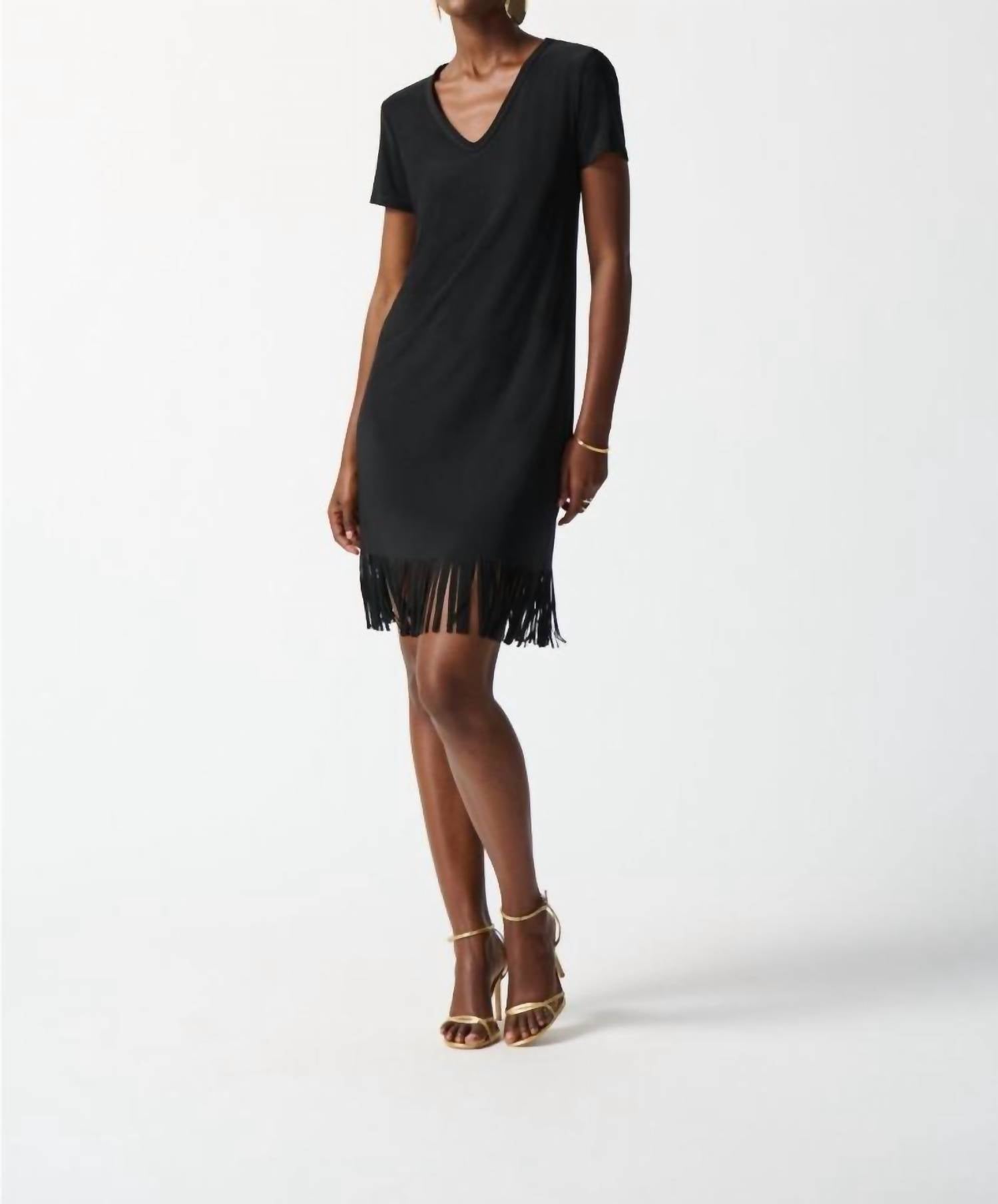 Joseph Ribkoff - Fringe Hem V - neck Short Sleeve T-shirt Dress - black - clothing - dresses