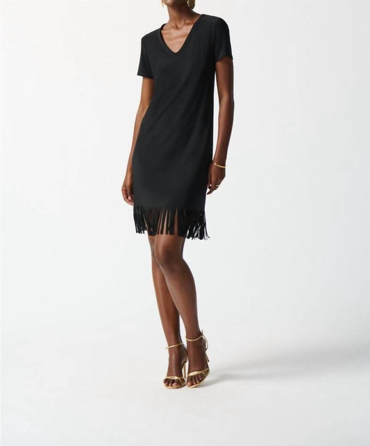 Joseph Ribkoff - Fringe Hem V - neck Short Sleeve T-shirt Dress - black - clothing - dresses