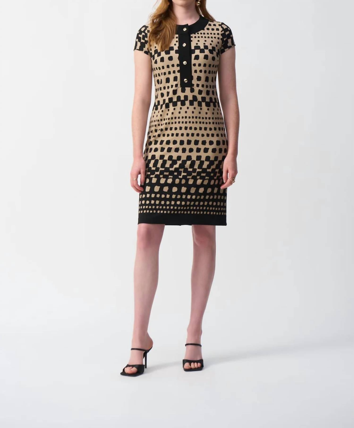 Joseph Ribkoff - Geometric Print Short Sleeve Shift Dress - brown - clothing - dresses