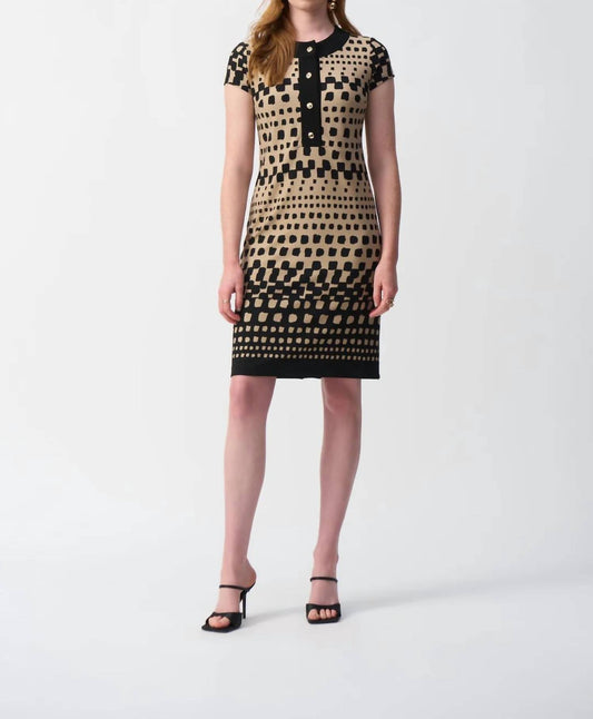 Joseph Ribkoff - Geometric Print Short Sleeve Shift Dress - brown - clothing - dresses