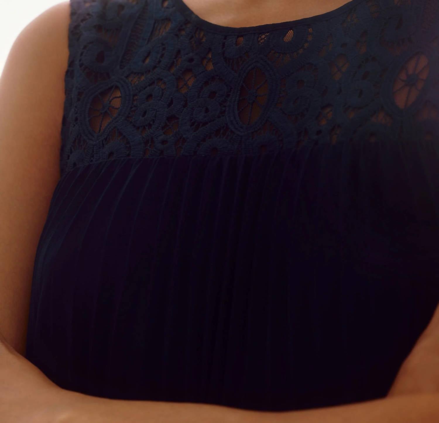 Joseph Ribkoff - Lace Chiffon Pleated Trapeze Midi Dress - blue - clothing - dresses