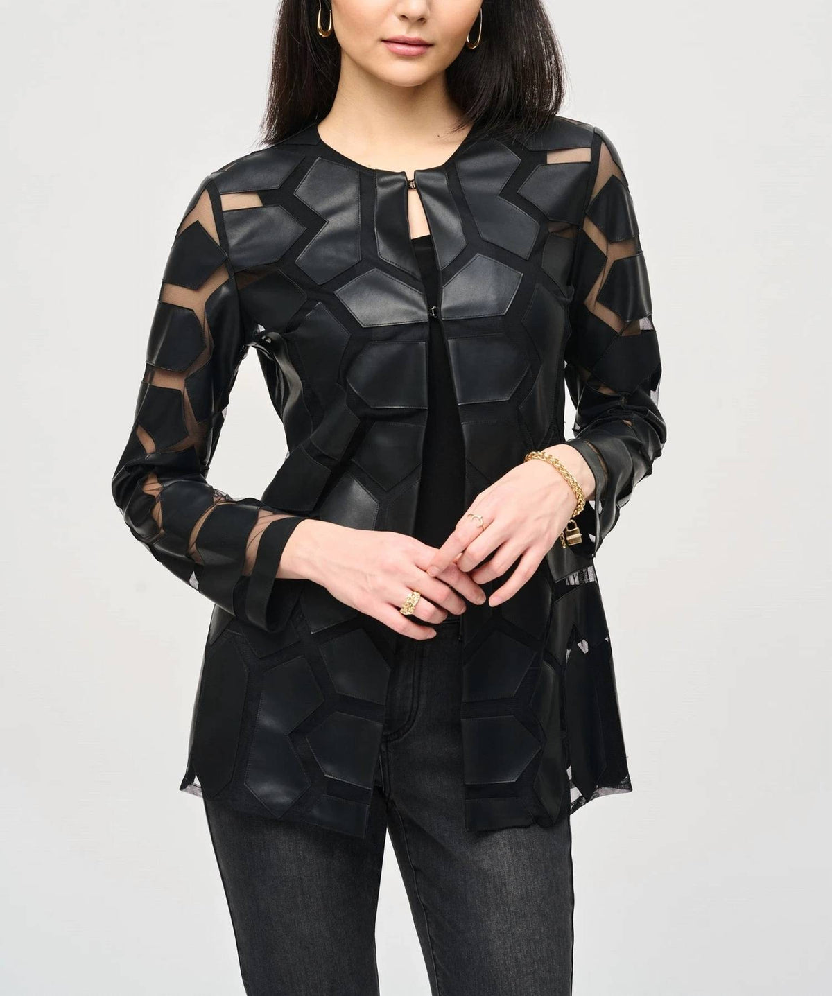 Joseph Ribkoff - Laser-cut Leatherette On Mesh Jacket