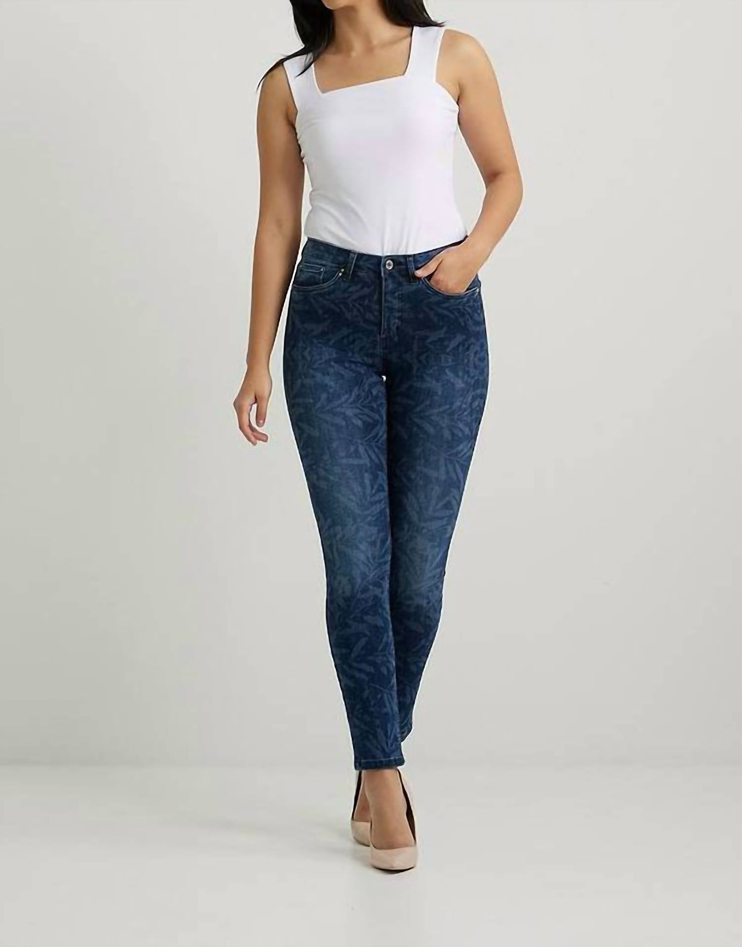 Joseph Ribkoff - Leaf Print Jeans - blue - clothing - cotton