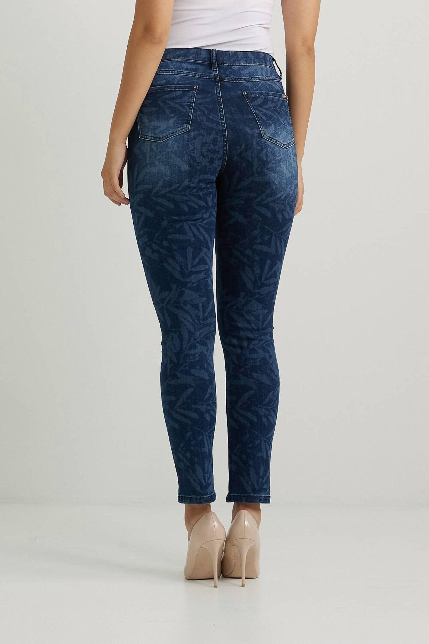 Joseph Ribkoff - Leaf Print Jeans - blue - clothing - cotton