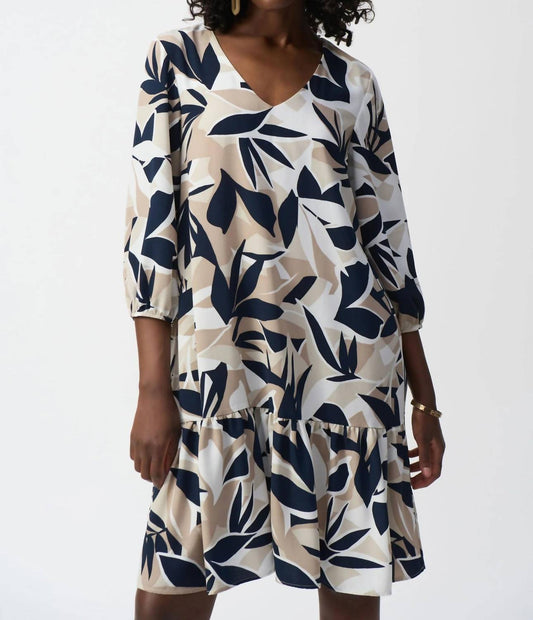 Joseph Ribkoff - Leaf Print Puff Sleeve Trapeze Dress - beige - clothing - dresses